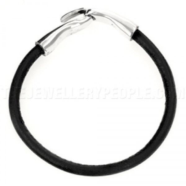 Black Leather & Silver Hook Bracelet - BT334