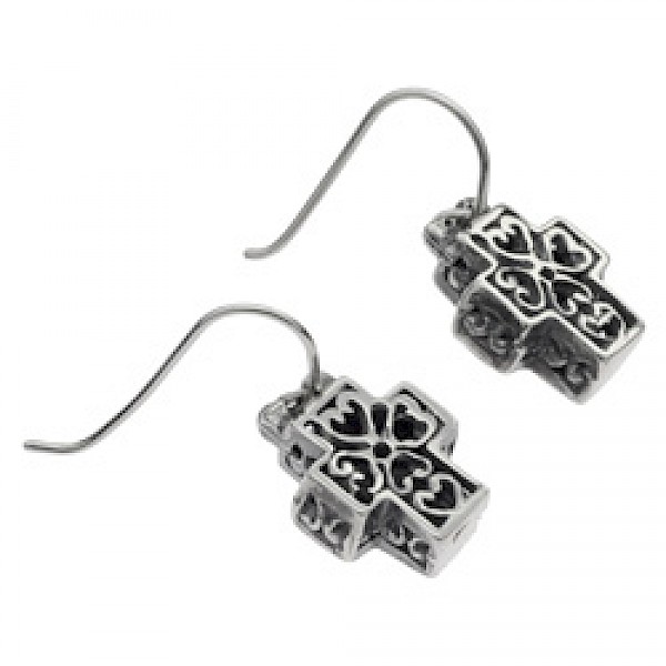 Boxed Heart Filigree Silver Cross Earrings - 22mm Long
