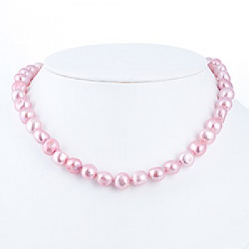 Bright Pink Silver Pearl Necklace - 18" long