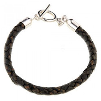 Brown Plaited Leather Bracelet - 6mm Two Tone