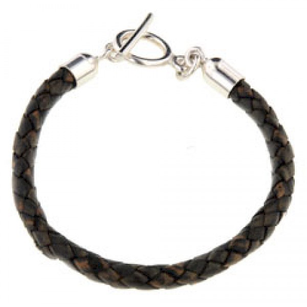 Brown Plaited Leather Bracelet - 6mm Two Tone