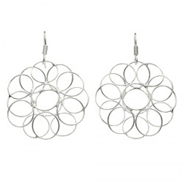 Circle Flower Silver Earrings - 42mm Long - ES718