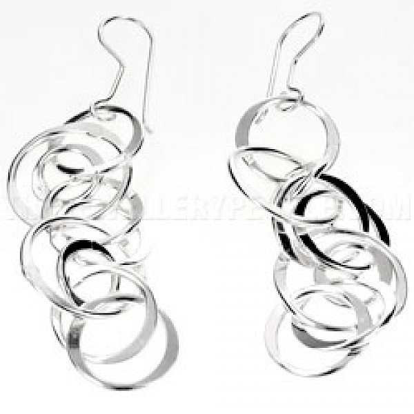 Circle Waterfall Silver Earrings - 70mm Long