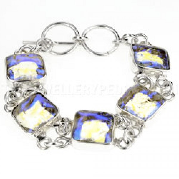 Clear Blue Dichroic Glass & Silver Squares Bracelet-Heavy