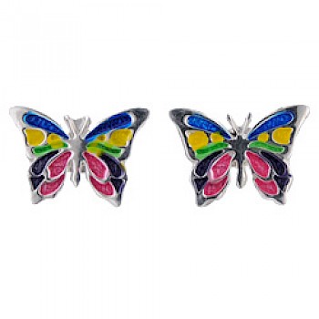 Coloured Butterfly Silver Stud Earrings - 16mm