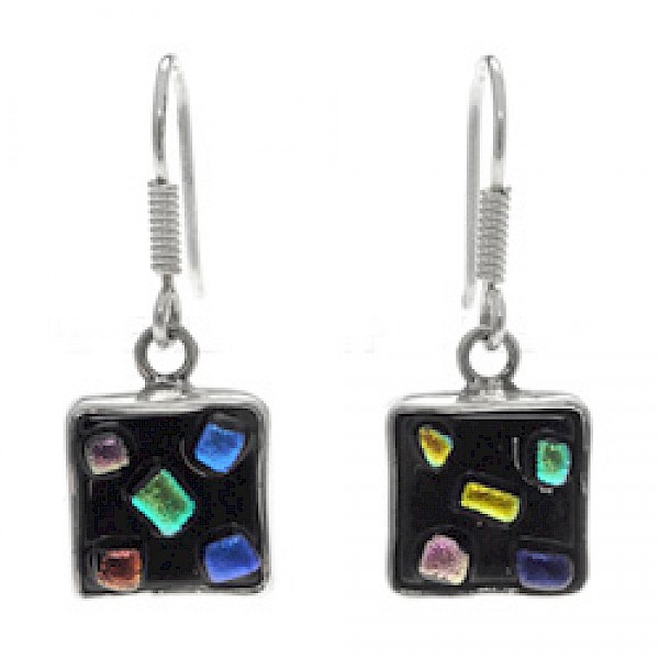 Confetti Dichroic Glass & Silver Earrings - Square
