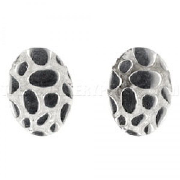 Crazy Paving Oval Silver Earrings - 20mm Long