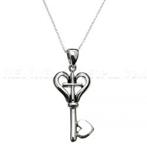 Cross & Heart Silver Key Pendant - PT569