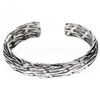 Curved Woven Silver Open Bangle - 13mm Wide