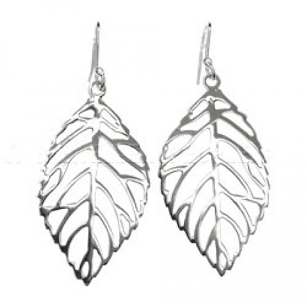 Cut Out Leaves Silver Earrings - 60mm Long