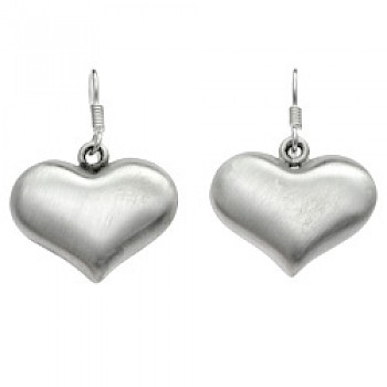 Cute Brushed Silver Heart Earrings - 30mm Long