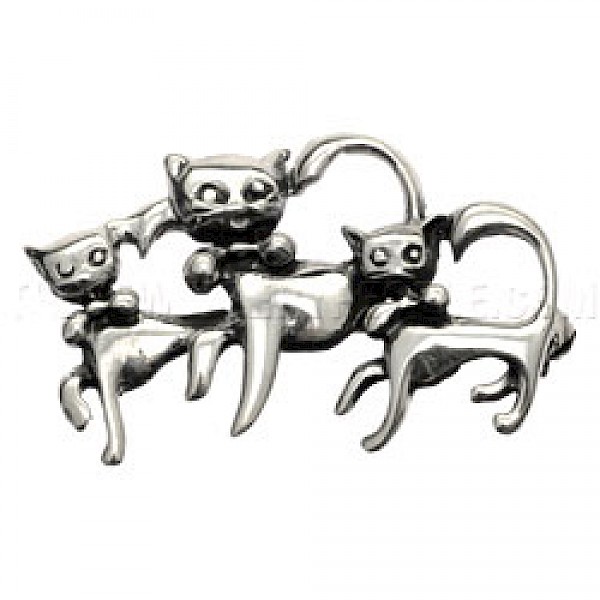 Dancing Cats Silver Brooch - 40mm Wide