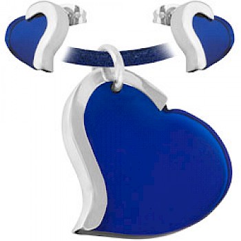 Dark Blue Heart Earrings & Suede Necklace Set