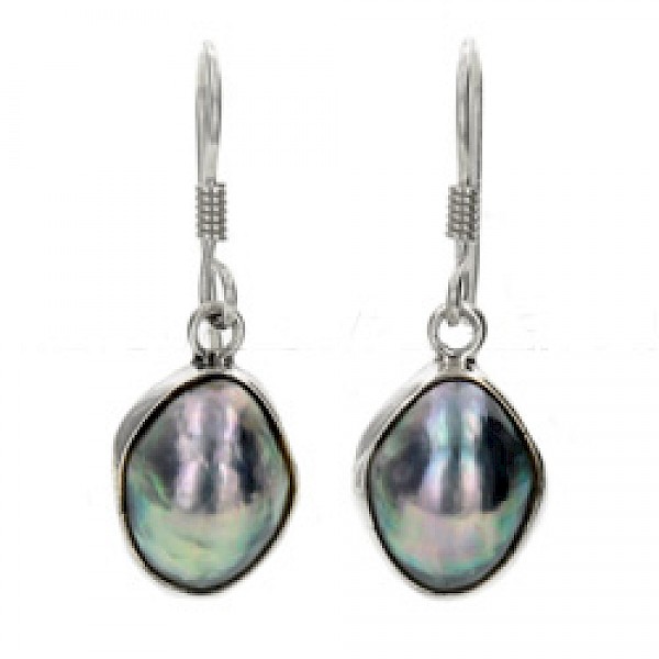 Dark Pearl & Silver Drop Earrings - Oval - SL121