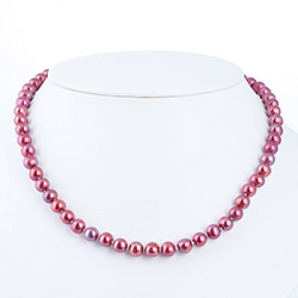 Dark Pink Silver Pearl Necklace - 7mm wide