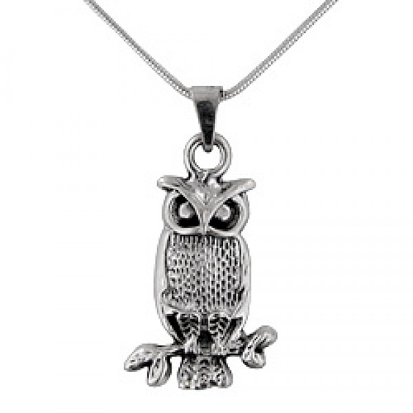 Detailed Oxidised Silver Owl Pendant