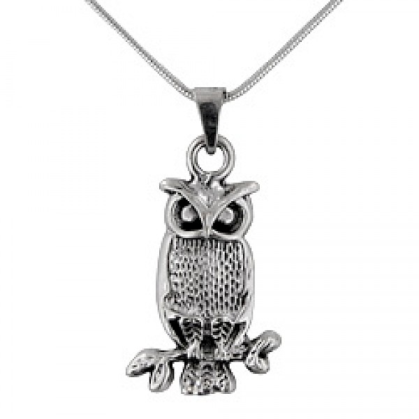 Detailed Oxidised Silver Owl Pendant - PT649