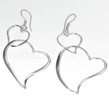 Double Hanging Heart Silver Earrings - 70mm Long
