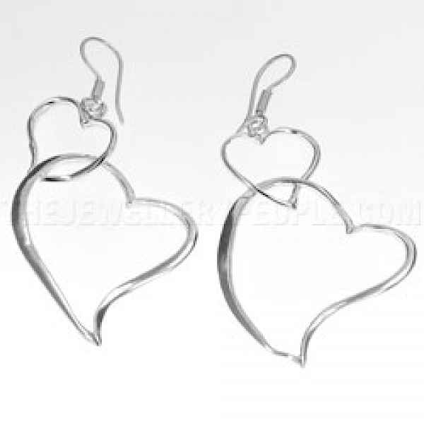 Double Hanging Heart Silver Earrings - 70mm Long - ES390