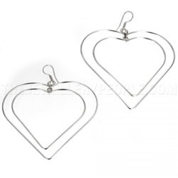 Double Heart Silver Wire Earrings - 70mm Wide