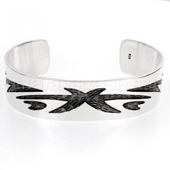Etched & Oxidised Arrow Open Silver Bangle - 19mm Wide