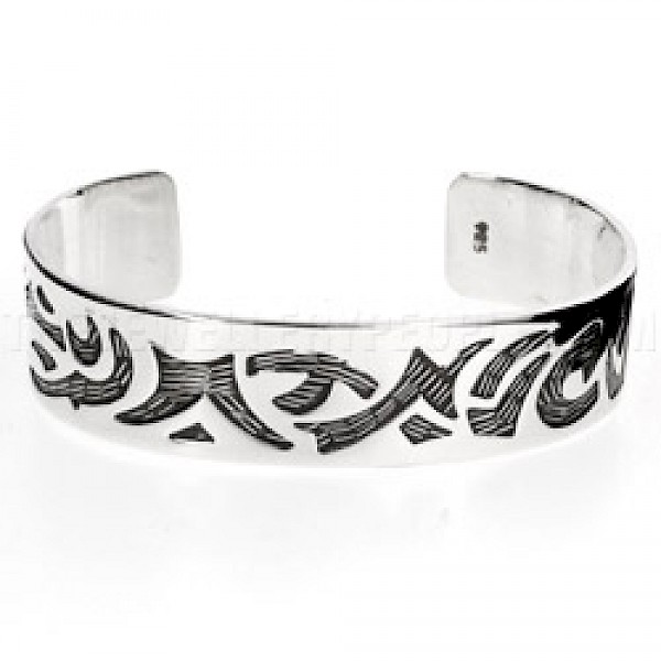 Etched & Oxidised Shapes Open Silver Bangle - 16mm Wide