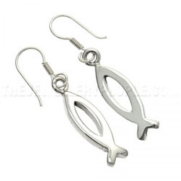Flat Ichthus Fish Silver Earrings - 30mm