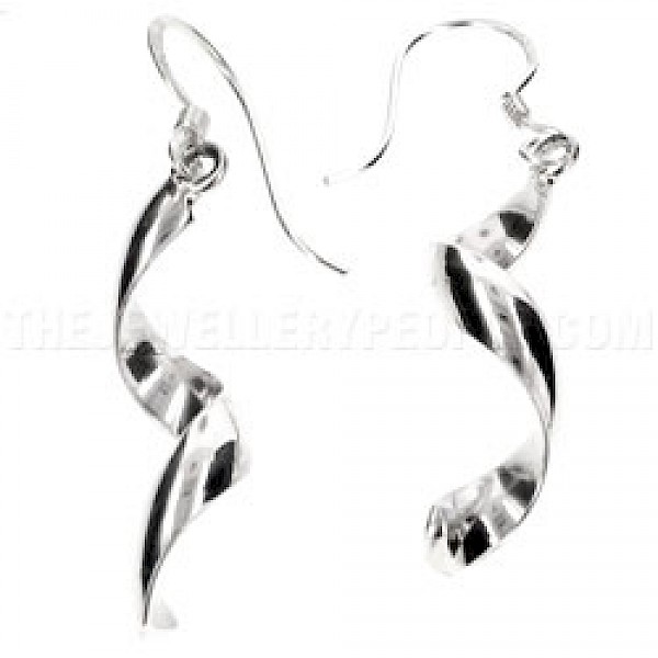 Flattened Chunky Twist Silver Drop Earrings - 40mm Long - ES079