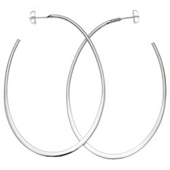 Flattened Oval Silver Hoop Earrings - 80mm Long