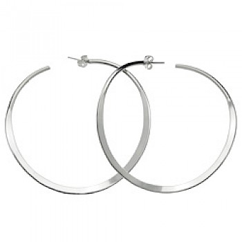 Flattened Twisted Silver Hoop Earrings - 60mm Wide - ES713