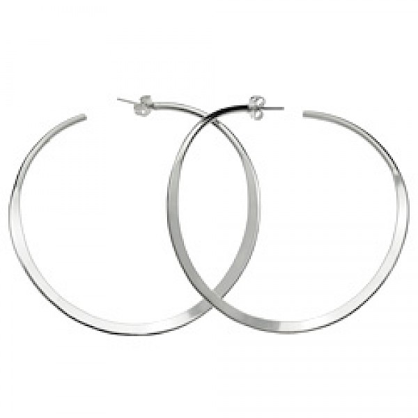 Flattened Twisted Silver Hoop Earrings - 60mm Wide - ES713