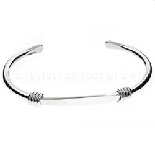 Flattened Wire Wrap Open Silver Bangle - 7mm Wide