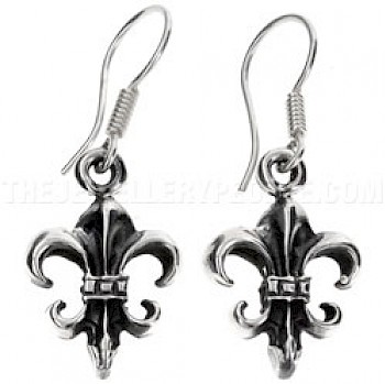 Fleur De Lis Oxidised Silver Drop Earrings - 4mm Solid - ES023