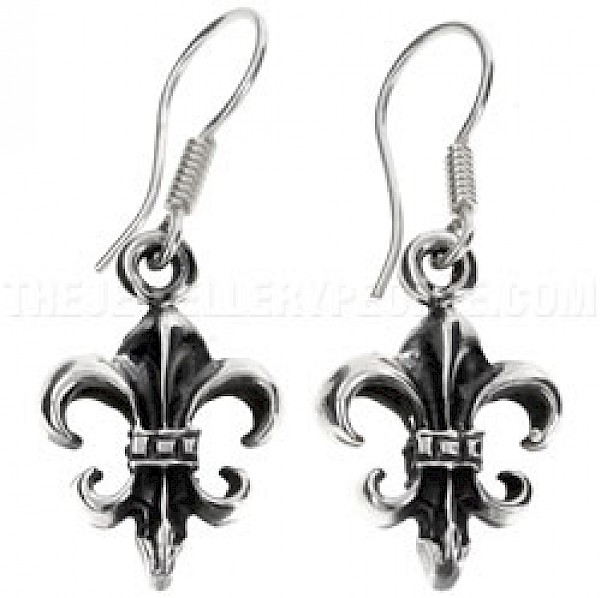 Fleur De Lis Oxidised Silver Drop Earrings - 4mm Solid - ES023