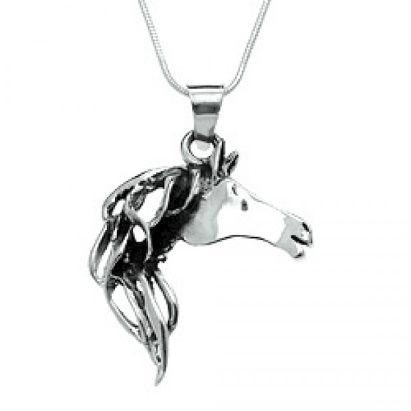 Flowing Horse Head Silver Pendant - 50mm Long - EE078