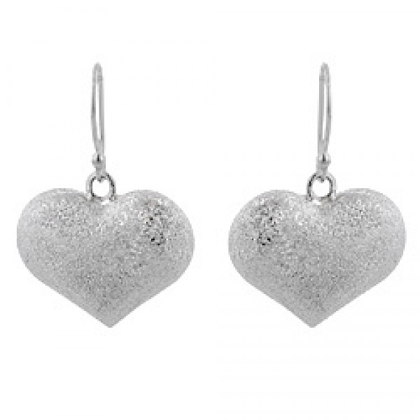 Glitter Effect Heart Silver Drop Earrings - 30mm Long