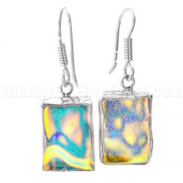 Gold Rippled Dichroic Glow-Glass & Silver Rectangular Earrings