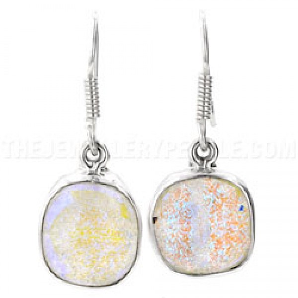 Green & Blue Sparkle Dichroic Glow-Glass & Silver Round Earrings