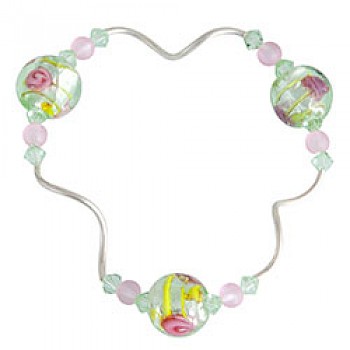 Green & Pink Glass Bead Silver Tubes Bracelet - GLS112
