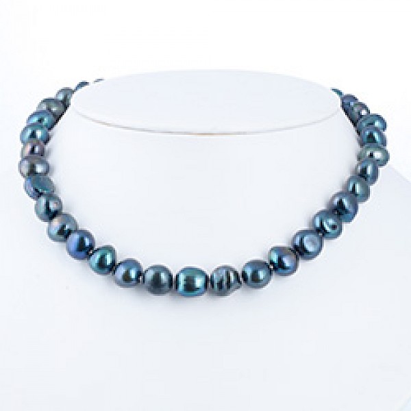 Green Baroque Silver Pearl Necklace - 10mm wide