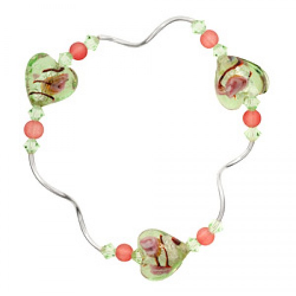 Green Heart Glass Beads & Silver Tubes Bracelet