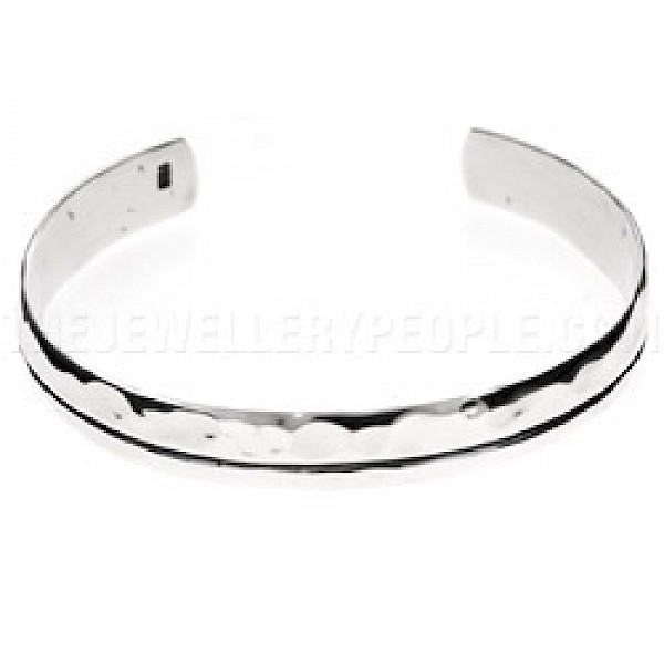 Grooved Hammered Open Silver Bangle - 10mm Wide