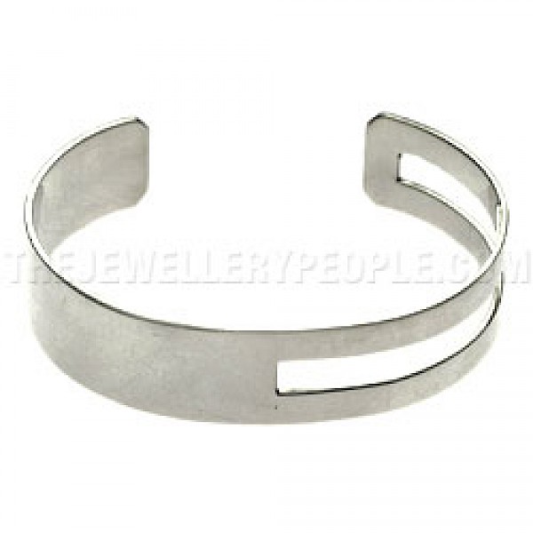 Half Cut Out Rectangle Open Silver Bangle - 12mm Wide