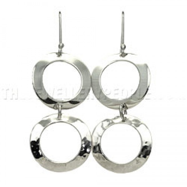 Hammered & Polished Rings Silver Earrings - 55mm Long