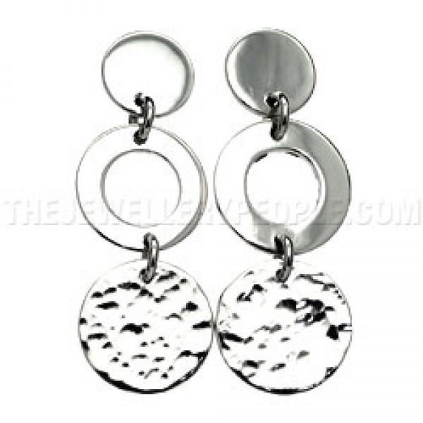 Hammered & Polished Triple Disc Silver Earrings - 58mm Long