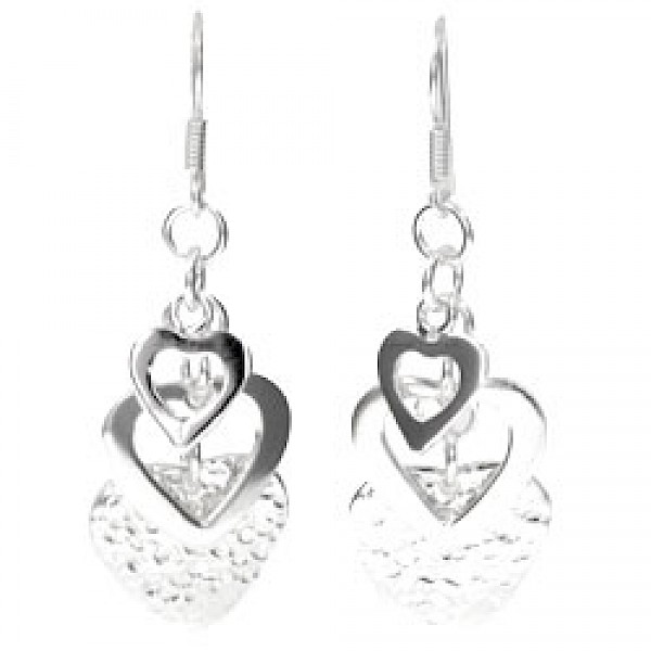 Hammered & Polished Triple Heart Silver Earrings - 57mm Long - ES387