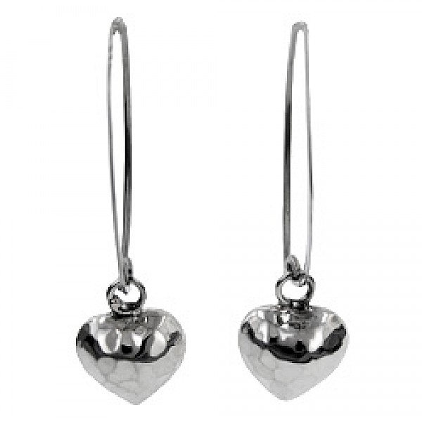Hammered Curve Heart Silver Earrings - 40mm Long