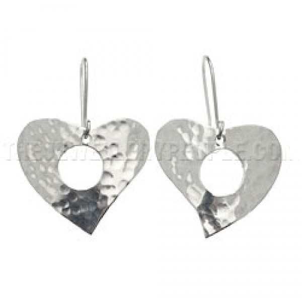Hammered Heart Silver Drop Earrings - 40mm Long - ES352