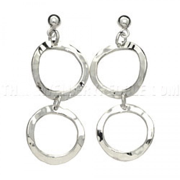 Hammered Linked Rings Silver Earrings - 63mm Long - ES418