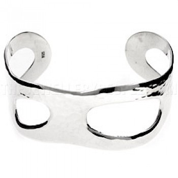 Hammered Retro Cut Out Silver Cuff Bangle - 30mm Wide